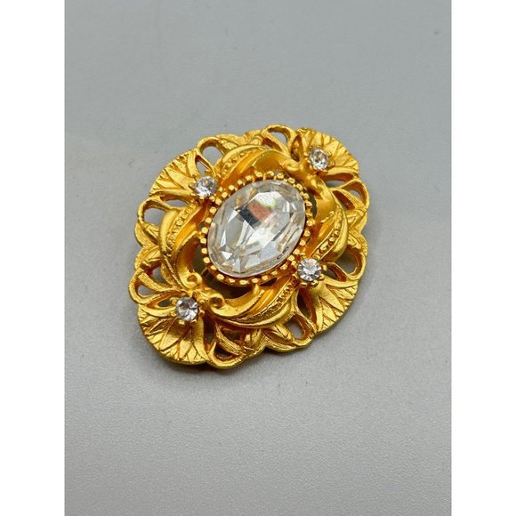 Vintage Matte Gold Tone Brooch Very Ornate Oval Design with Clear Rhinestones - Picture 2 of 6